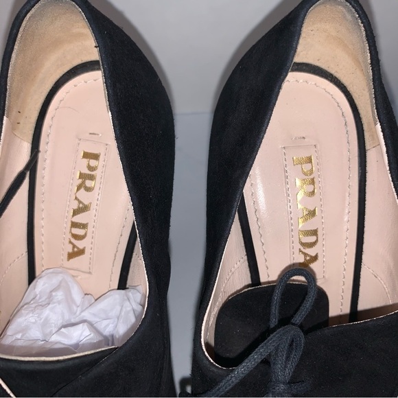 Prada Black Suede Leopard Print Calf Hair Peep Toe Wedges - Picture 7 of 10